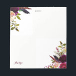 Watercolor Purple Boho Floral Autumn Personalized Notepad<br><div class="desc">A bohemian-inspired notepad featuring watercolor illustrations of purple,  red and pink roses and peonies with feathers accent. This floral notepad will be perfect for personal use.</div>