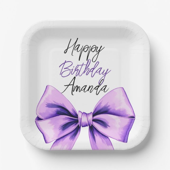 Watercolor Purple Bow Sweet 16 Birthday Paper Plate (Front)