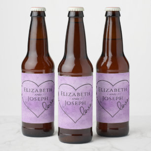 Watercolor Purple Bridal Shower Wedding Heart Love Beer Bottle Label