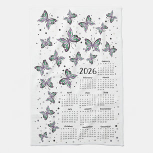 Watercolor Purple Butterflies 2026 Calendar Kitchen Towel