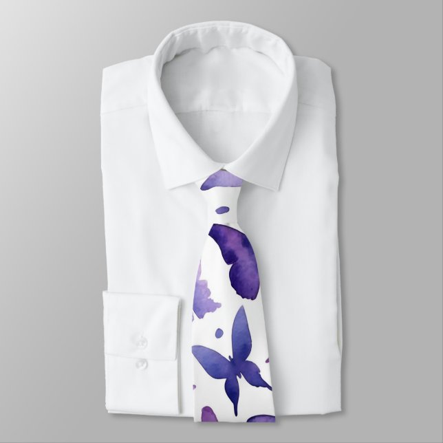 Watercolor Purple Butterflies Pattern Tie (Tied)