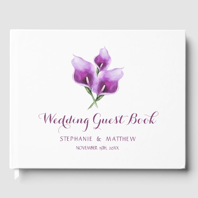 Watercolor Purple Calla Lily Floral Wedding Guest Book (Front)
