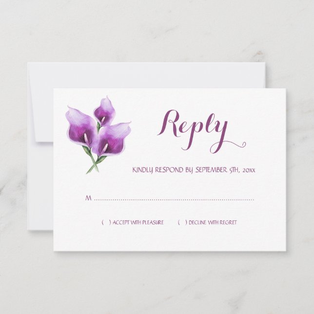 Watercolor Purple Calla Lily Monogram Wedding RSVP Card (Front)