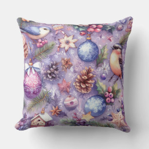 Watercolor Purple Christmas Motifs Holiday Birds Throw Pillow