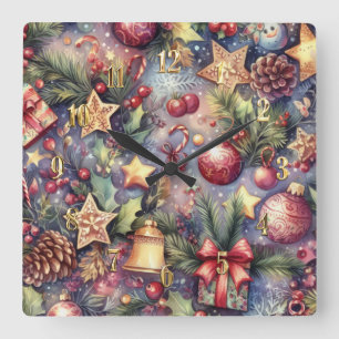 Watercolor Purple Christmas Motifs Holiday Square Wall Clock
