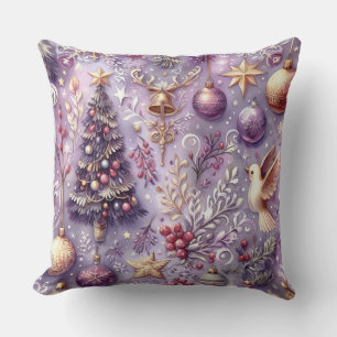 Watercolor Purple Christmas Motifs Holiday Throw Pillow