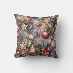 Watercolor Purple Christmas Motifs Holiday Throw Pillow