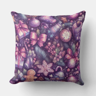 Watercolor Purple Christmas Motifs Holiday Throw Pillow