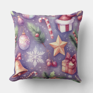 Watercolor Purple Christmas Motifs Holiday Throw Pillow