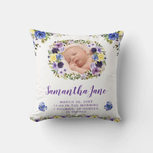 Watercolor Purple & Cream Flowers Baby Photo Throw Pillow