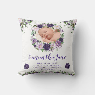 Watercolor Purple & Cream Flowers Baby Photo Throw Pillow