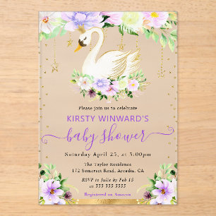 Watercolor Purple & Cream Flowers Swan Baby Shower Acrylic Invitations