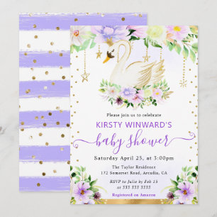 Watercolor Purple & Cream Flowers Swan Baby Shower Invitation