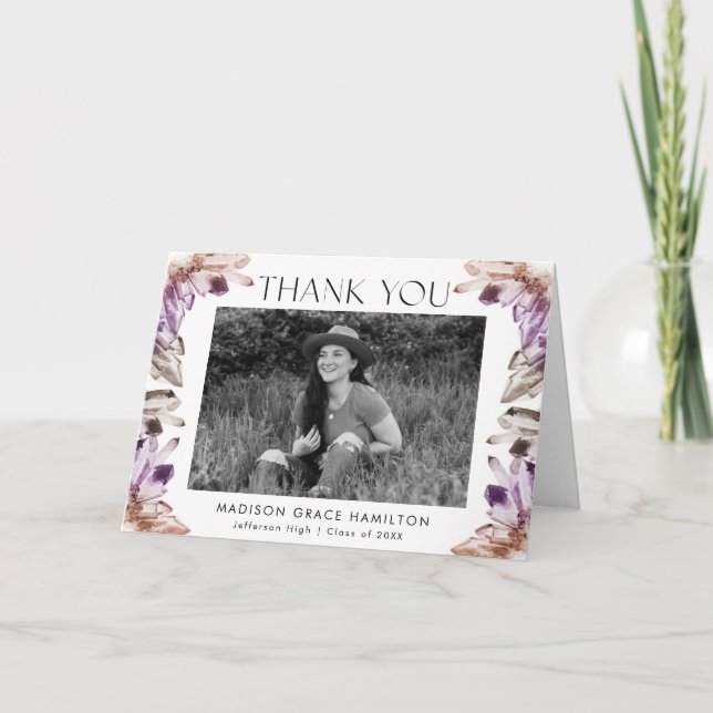 Watercolor Purple Crystals Photo Graduation Thank You Card (Front)