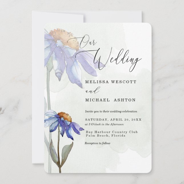 Watercolor Purple Daisy Rustic Green Wedding Invitation (Front)