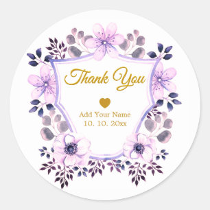 Watercolor Purple Floral and Gold "Thank You" Classic Round Sticker