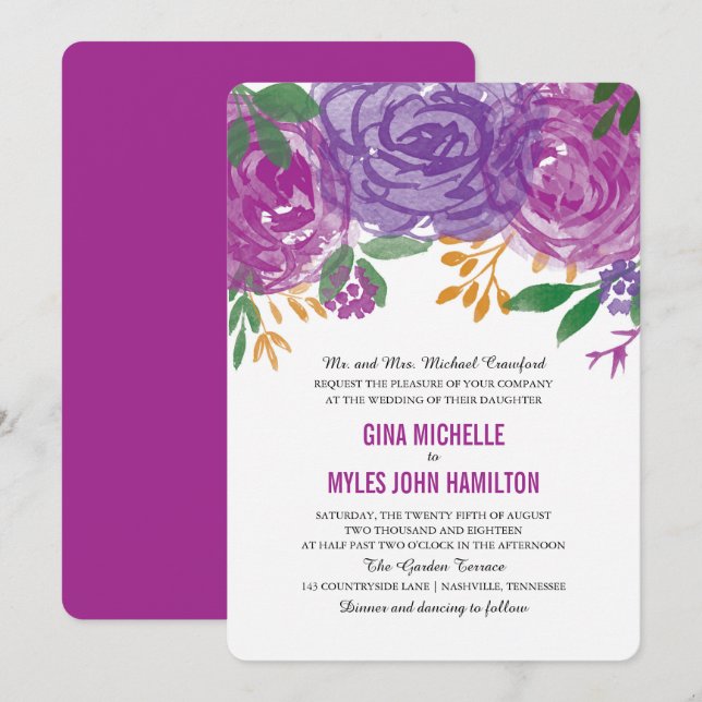 Watercolor Purple Floral Botanical Wedding Invitation (Front/Back)