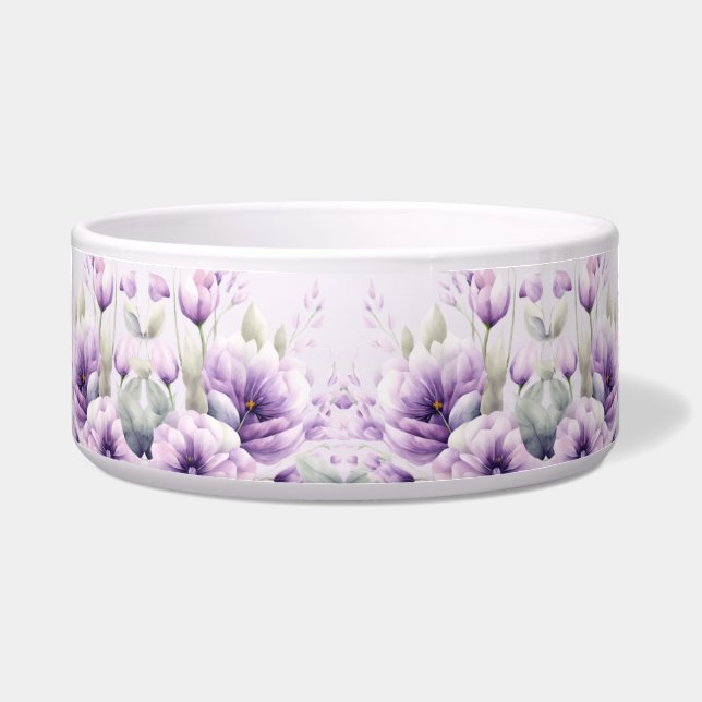Watercolor Purple Floral Ceramic Pet Bowl (Front)