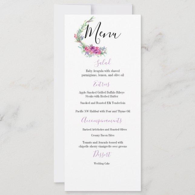 Watercolor Purple Floral Elegant Wedding Menu (Front)