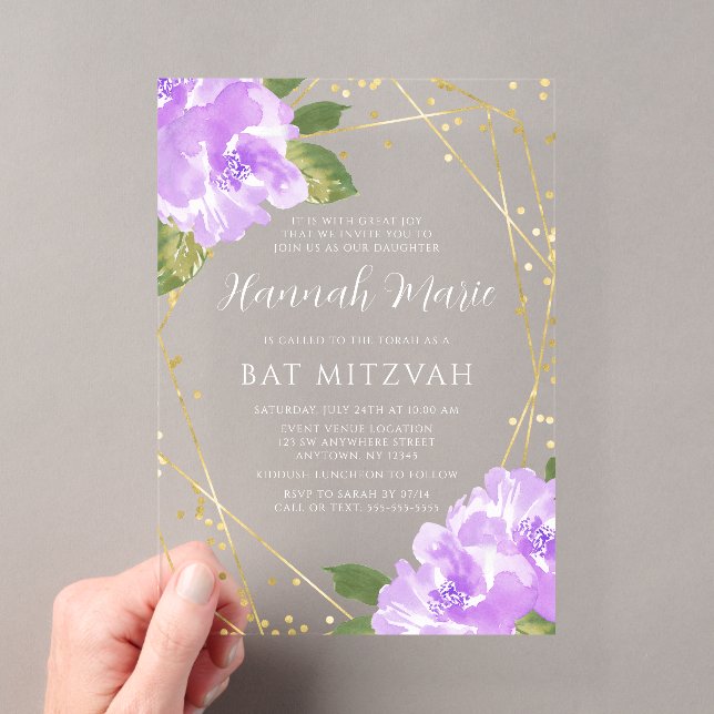 Watercolor Purple Floral Gold Bat Mitzvah Acrylic Invitations (Insitu (Handheld))