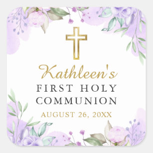 Watercolor Purple Floral Gold First Holy Communion Square Sticker