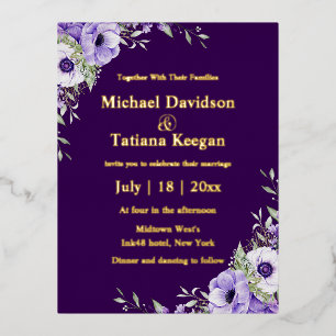 watercolor purple floral gold script wedding foil invitation postcard