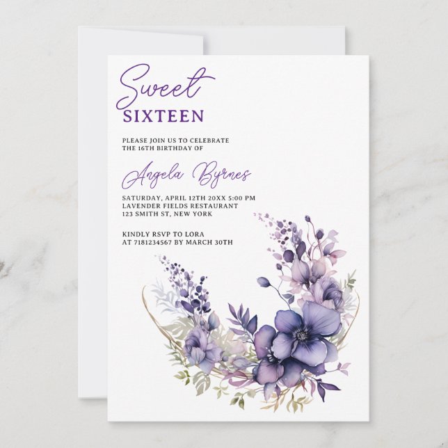 Watercolor Purple Floral Half Circle Wreath  Invitation (Front)