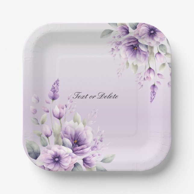 Watercolor Purple Floral Paper Plate (Front)