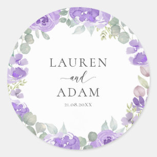 Watercolor Purple Floral Wedding Classic Round Sticker