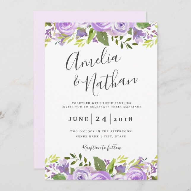 Watercolor Purple Floral Wedding Invitation (Front/Back)