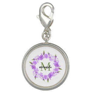 Watercolor Purple Floral Wreath Name Monogram Charm