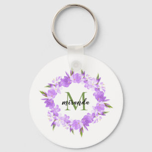 Watercolor Purple Floral Wreath Name Monogram Keychain