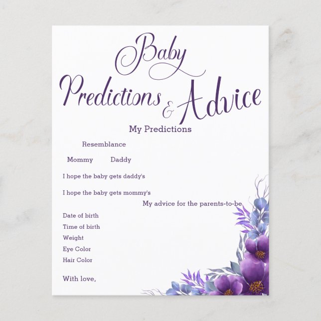 Watercolor Purple Flower Baby Shower Game Flyer (Front)