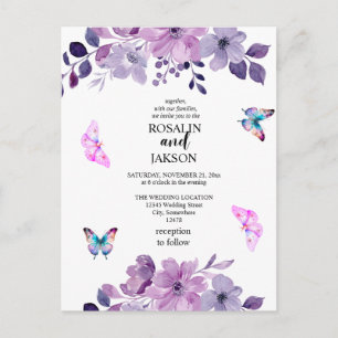 Watercolor purple flower bouquet invitation postcard