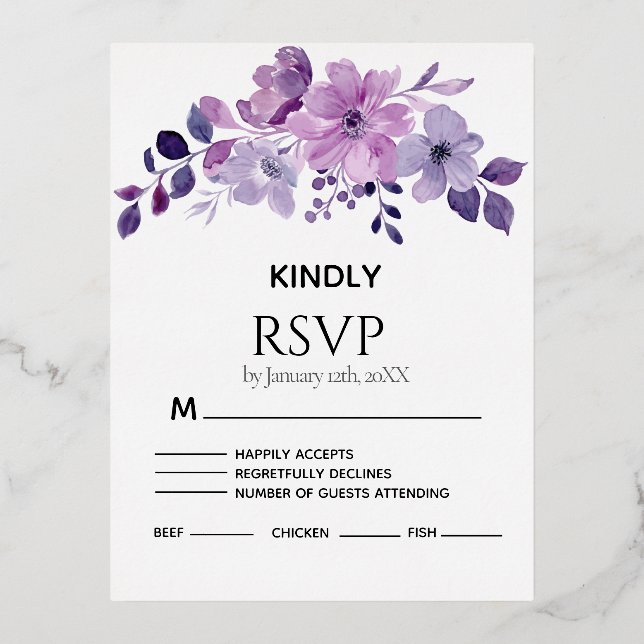 Watercolor purple flower bouquet RSVP card (Front)