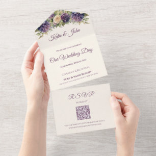 Watercolor Purple Flower Bouquet-Wedding- All In One Invitation