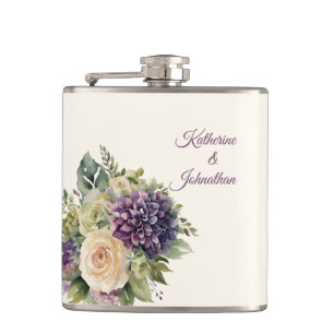 Watercolor Purple Flower Bouquet-Wedding- Hip Flask