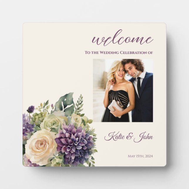 Watercolor Purple Flower Bouquet-Wedding Welcome- Plaque (Front)