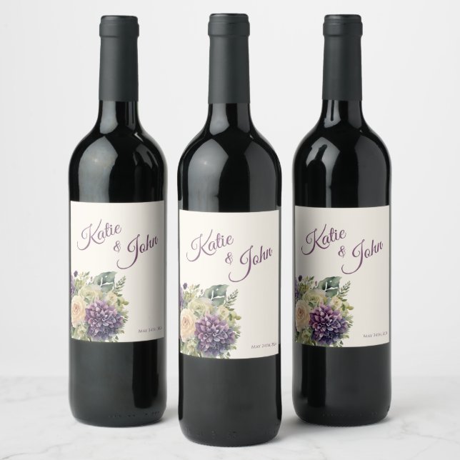 Watercolor Purple Flower Bouquet-Wedding- Wine Label (Bottles)