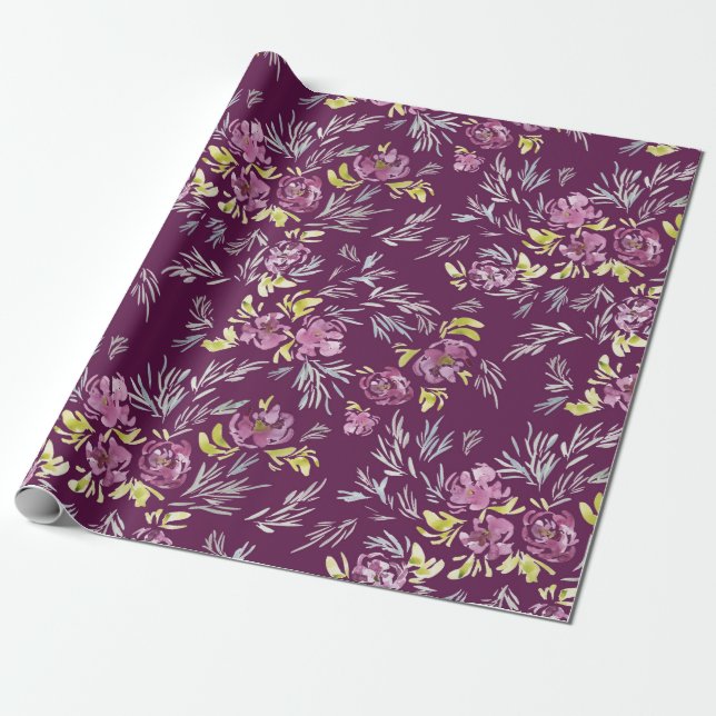 Watercolor Purple Flower Pattern Wrapping Paper (Unrolled)