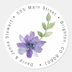 Watercolor Purple Flower Round Address Label