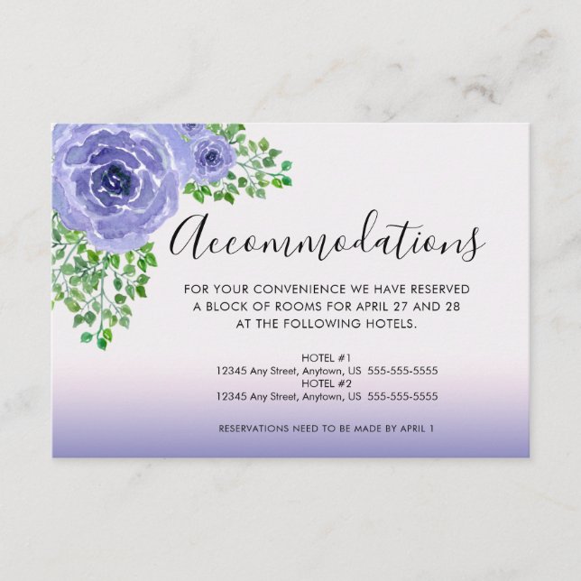 Watercolor Purple Flowers Accommodations Details Enclosure Card (Front)