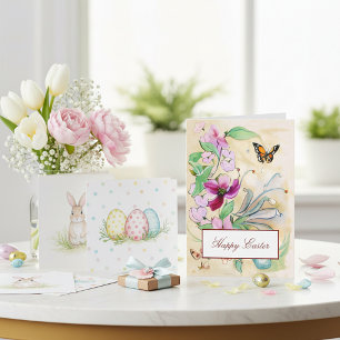Watercolor purple flowers and butterfly Easter Holiday Card