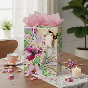 Watercolor purple flowers and butterfly medium gift bag