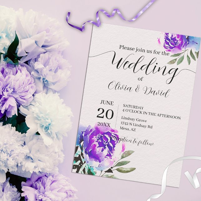 Watercolor Purple Flowers And Foliage Wedding Invitation (Creator Uploaded)