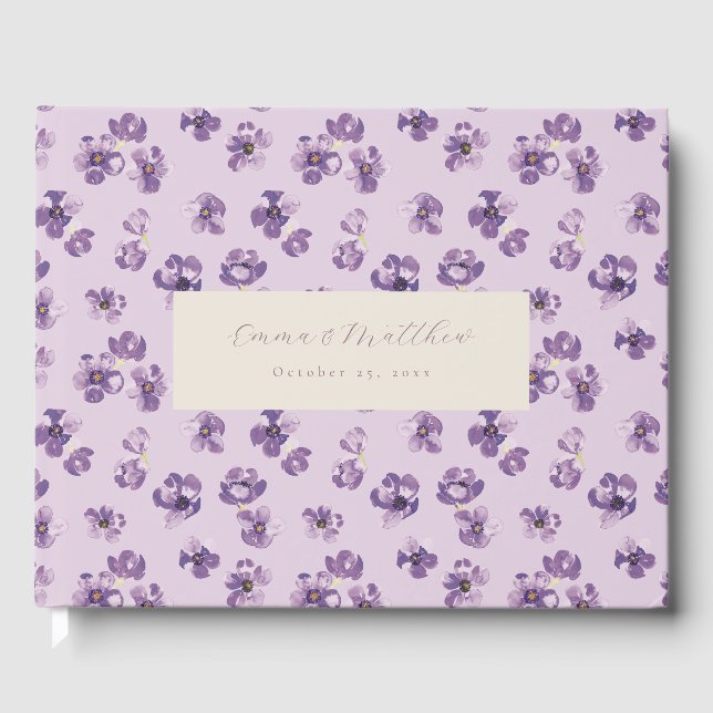 Watercolor Purple Flowers and Green Spine Script Guest Book (Front)