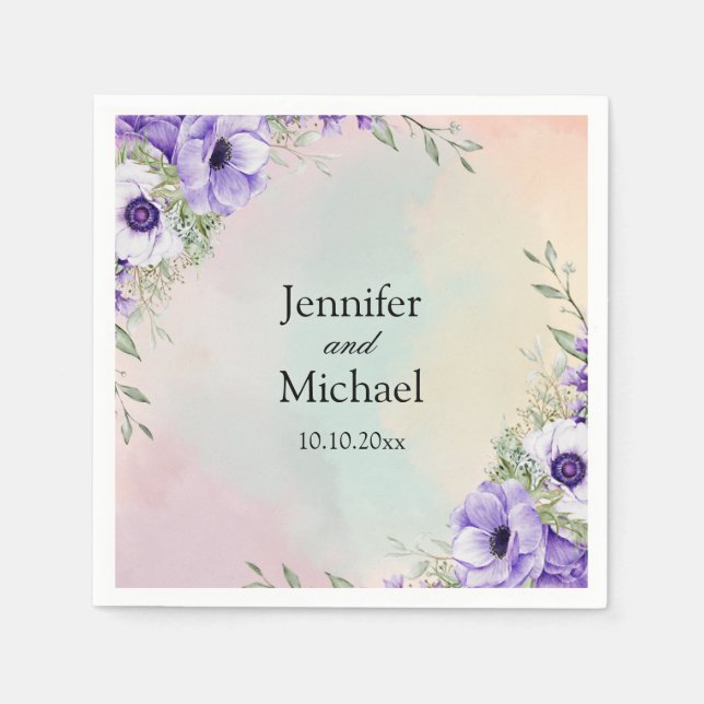 watercolor purple flowers elegant script wedding  napkin (Front)