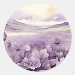 Watercolor Purple Flowers Field Classic Round Sticker