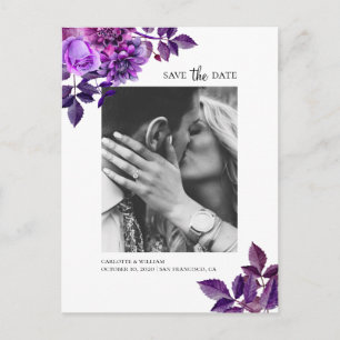 Watercolor purple flowers. Floral Save the Date Postcard