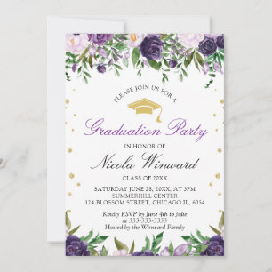 Watercolor Purple Flowers Girl Graduation Party  Invitation